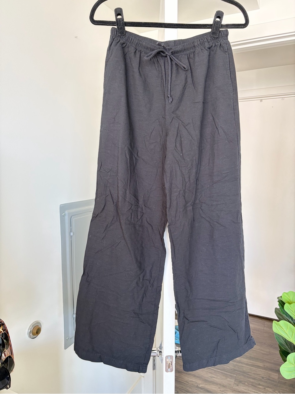 UNIQLO Linen Blend Elastic Drawstring Waist Wide Leg Pants Black Size Small